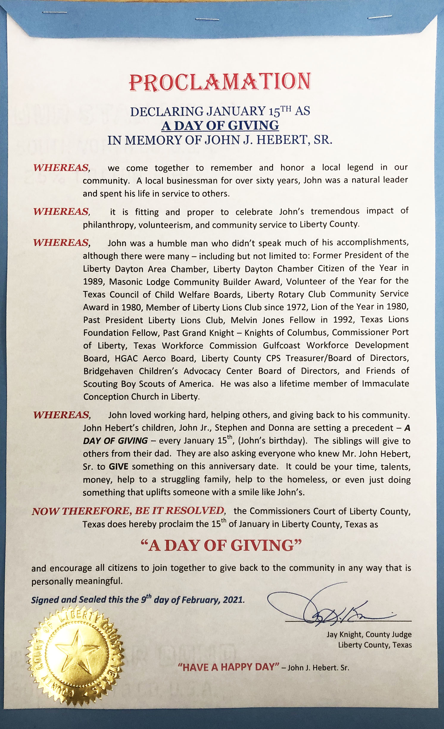 John J. Hebert, Sr. Day of Giving Proclamation | Liberty Vindicator